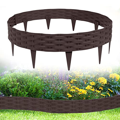 Aufun 5m Rattan Rasenkante Beeteinfassung Kunststoff mit 5 Elemente á 100 cm, Rattan-Optik Design Beetumrandung Biegbarer Mähkante Beetbegrenzung Flexible für Garten (Braun)
