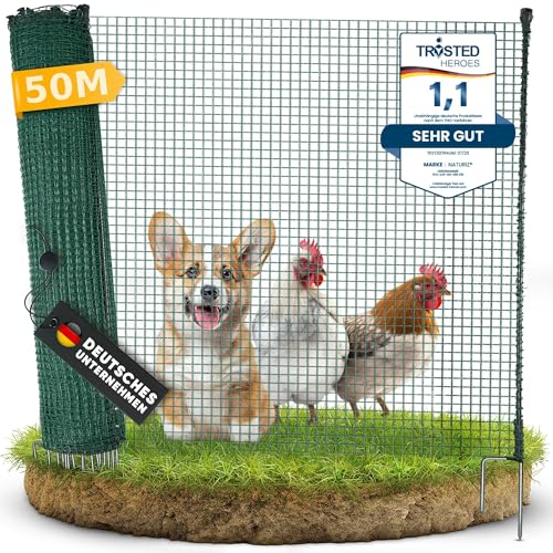 NATURIZ® Weidezaun in 50m x 90cm Komplettset - mobiler Hundezaun & Hühnerzaun extrem stabil, ohne Strom, Grün (50m)