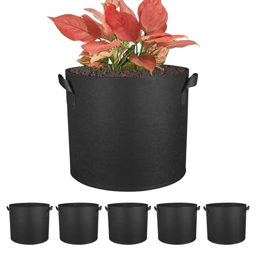 POPAPIE 6 Stück Pflanzsäcke aus Vliesstoff Pflanztasche mit Griffe Atmungsaktive Pflanzsack Wiederverwendbar Pflanzbeutel für Gewächshaus Blumen Tomaten Gemüse Pflanzen (Schwarz)