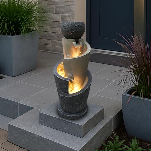 Arnusa Gartenbrunnen mit LED Beleuchtung 66 cm mit Dekobecken Springbrunnen Wasserspiel Zimmerbrunnen für Innen und Außen warmweiß, Grau, Beige