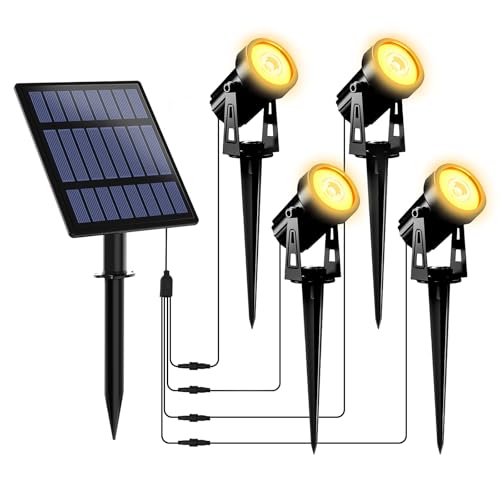 T-SUNUS Gartenstrahler Solar, Solarstrahler für Außen Garten 3W Solar Gartenleuchte IP65 Wasserdicht Auto ON/OFF Warmweiß 3000K 4 Stück für Baum Terrasse Hof