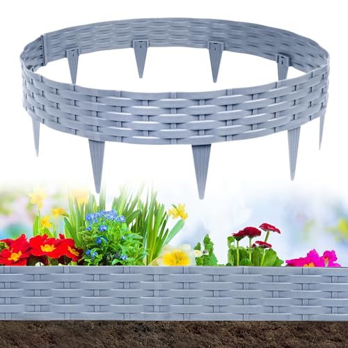 UISEBRT Rasenkante Kunstoff 20m Beeteinfassung Gartenzaun Beetumrandungen Rattan-Optik Randsteine Palisaden Garten Dekorativ Border Blumenbeet Gartenpalisade, Grau