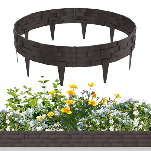 YRHome 10m Steinoptik Rasenkante Kunststoff Beeteinfassung Gartenpalisade Beetumrandung Mähkante Garten Beetbegrenzung Blumenbeet Umrandung Flexible Beetzaun Gartenpalisade - Braun