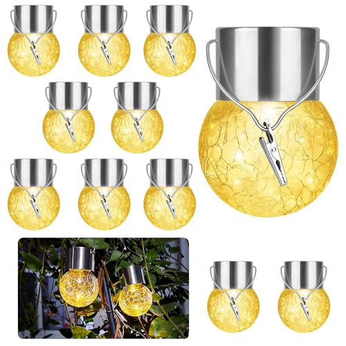 HIQE-FL Solarlampen für Außen Hängend,10 Stück Wetterfest LED Solar Hängend Lampen,Solarleuchten für Garten,Solar Glas Risslicht für Außen Deko,Balkon,Party Dekoration
