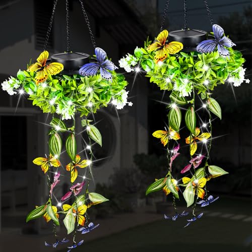 Solarlampen für Außen Hängend, 2 Stücke Künstliches Schmetterlingsblatt Garten Solarlicht im Freien, IP65 wasserdicht Solarlampen für Außen Garten für Veranda im Freien Hochzeit Dekorationen