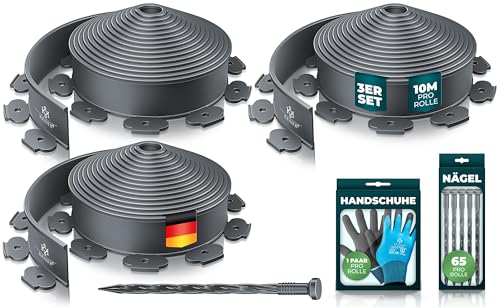 KESSER® Flexible Rasenkante aus Kunststoff Länge 30m Höhe 5cm, mit 195 Erdanker + 3 Paar Handschuhe Beeteinfassung Beetumrandung Beetbegrenzung Mähkante Pflastersteine Palisade - Anthrazit