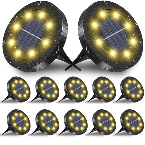 FLOWood Solar Bodenleuchte Aussen 12 Stück, 6000K Solarlampen für Außen 8 LED Solarleuchten Garten IP65 Wasserdicht Upgrade in Schwarz für Deck, Garten, Gehweg, Rasen, Hof, Warmweiß