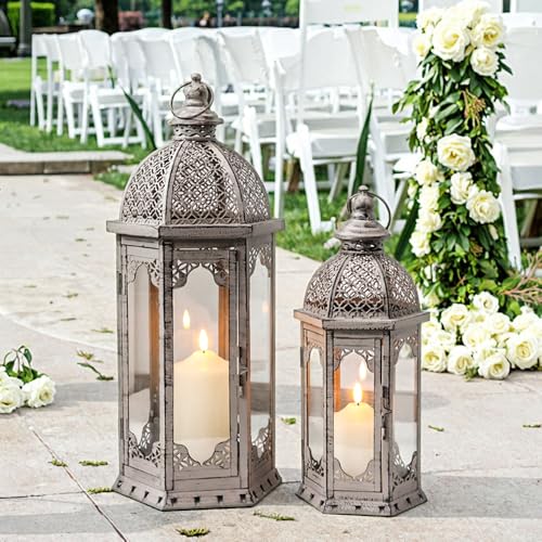 JHY DESIGN 2er-Set Dekorative Kerzenlaternen 50&38 cm hoch Kerzenhalter Vintage-Kerzenständer aus Metall für Garten Veranda Wohnzimmer Innen Außenbereich Partys Hochzeiten Terrasse (Grau)
