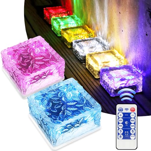 MEDOYOH 2er-Set Bunt Licht Solar Pflastersteine mit 12 Tasten Fernbedienung, 10x10x5CM On/Off Lichtsensor Wegbeleuchtung Wasserdicht Bodenstrahler Solar für Patio Garten Hof Weg Terrasse
