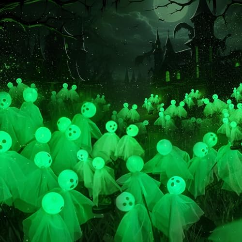 2 Stück Halloween Deko Licht Outdoor, 6 LED Geister Halloween LED Lichter Solar Gartenlichter Halloween Dekoration Halloween Deko Leuchtend Lichterkette Gartenbeleuchtung (Grün)