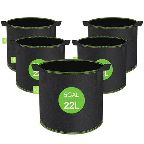 CNMTCCO Stofftöpfe, 5 Stück Pflanzsack 20L+10% = 22 L Grow Töpfe, Hochbelastbare Verdickte Stofftopf mit Griffen, Vliesstoff pflanzentopf Pflanzsack für Terrasse Balkon ＆ Garten (5 Gallonen)