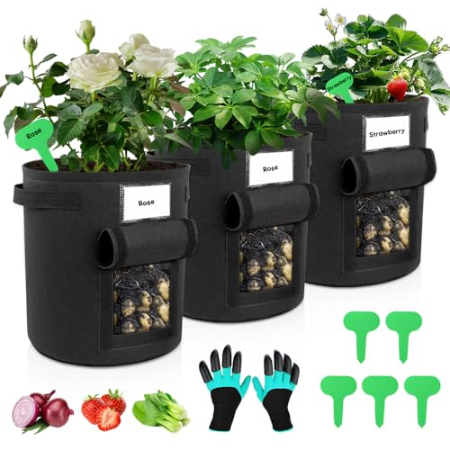 Riisoyu 3 Stück Kartoffel Pflanzsack, 30 L Pflanze Wachsende Tasche mit 5 Pflanzen-Tags und 1 Paar Handschuhe Pflanzbeutel Vliesstoff Pflanztaschen mit Griffe für Kindergarten und Pflanzen, 7 Gallon