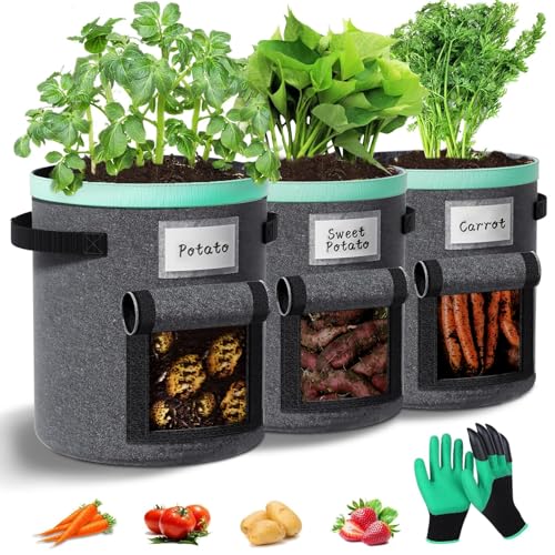 Paerduo Kartoffel Pflanzsack 38 Liter 3 Stück: Pflanzsäcke mit Griffen und Sichtfenster Kartoffelpflanzsäcke Kartoffelsack zum Pflanzen für Gemüse Blumen Früchte(grau, 10 Gallonen)