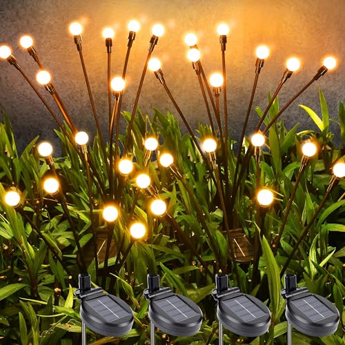 PhilzOps Solarlampen für Außen Garten, 4 Stück 32 LED Solar Glühwürmchen Lichter IP65 Wasserdicht Solarleuchten Firefly Solar Gartenleuchten Deko für Rasen Gehweg Hof Balkon Terrasse Draußen, Warmweiß