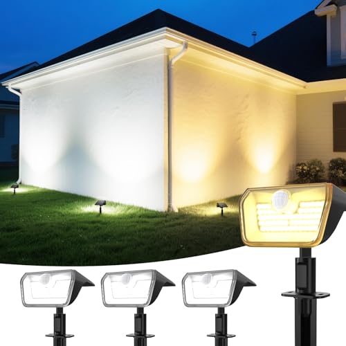 Linkind solarlampen 2 in 1 Solar Strahler Außen mit Bewegungsmelder 3000K & 6500K, 60-LEDs Außen Gartenstrahler mit Dauerlicht und Lade-anzeige, IP67 Wasserdicht Solar Wegelampen 8M/120°, 3 Stück