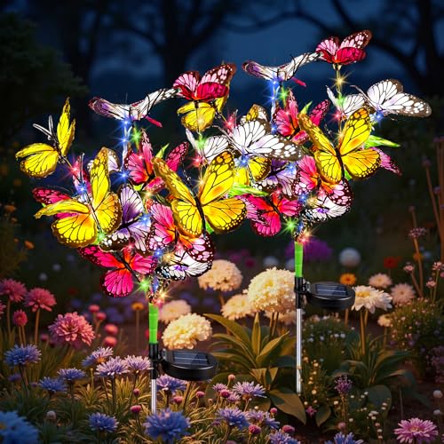 Solar Schmetterlinge für Außen, 2 Stück Bunte Deko Solarlampen für Außen Garten Wasserdicht, LED Schmetterling Solarleuchten mit 2 Beleuchtungsmodi, Gartenleuchten für Pathway Balkon Yard Draußen