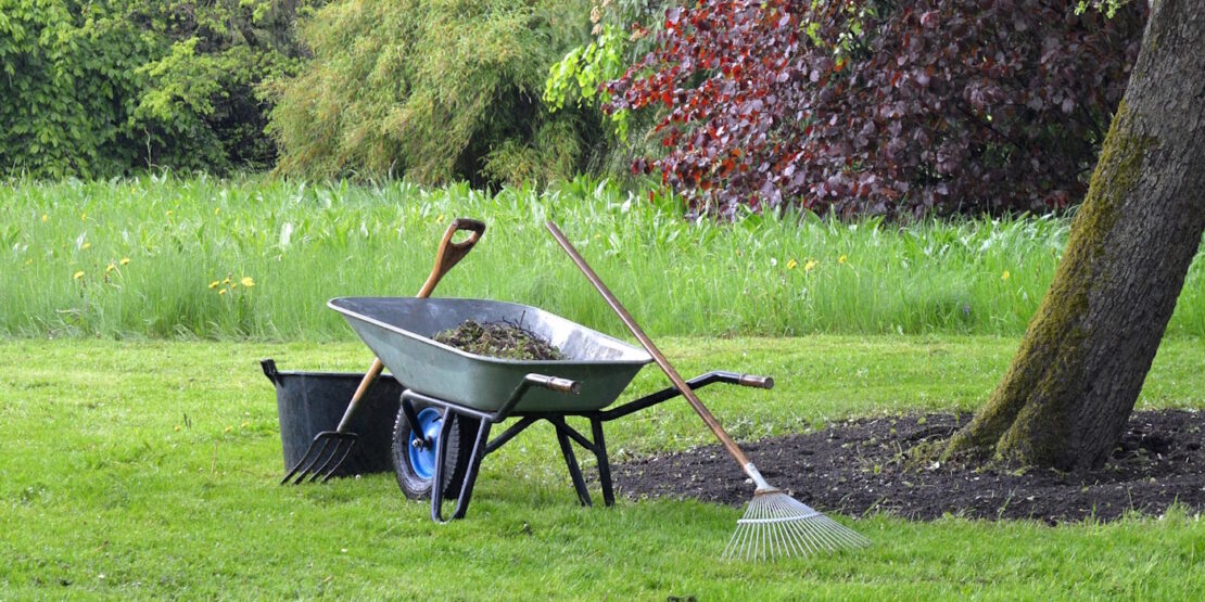 Das Foto zeigt eine Schubkarre, einen Rechen und einen Eimer mit einer Schaufel im Garten