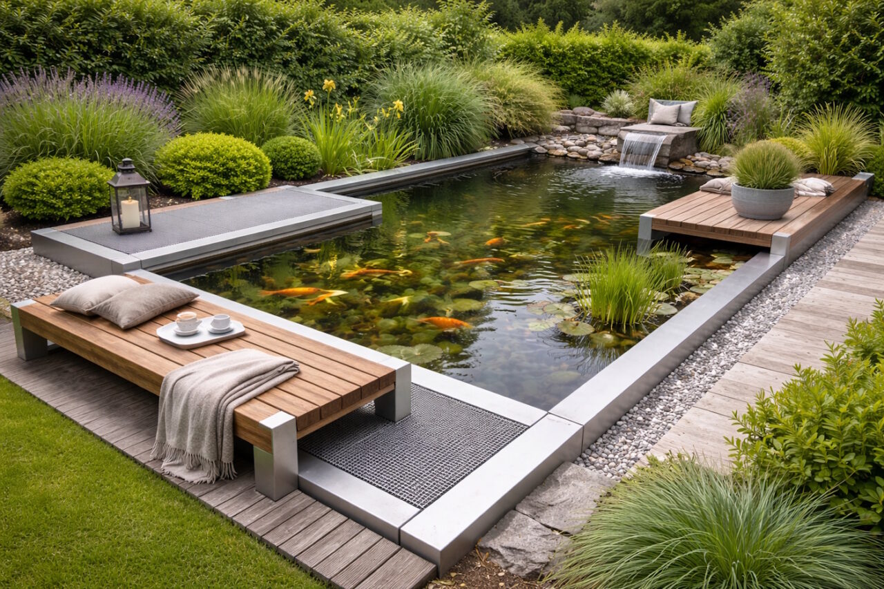Das Foto zeigt einen gemütlichen Gartenteich mit Bank zum Relaxen