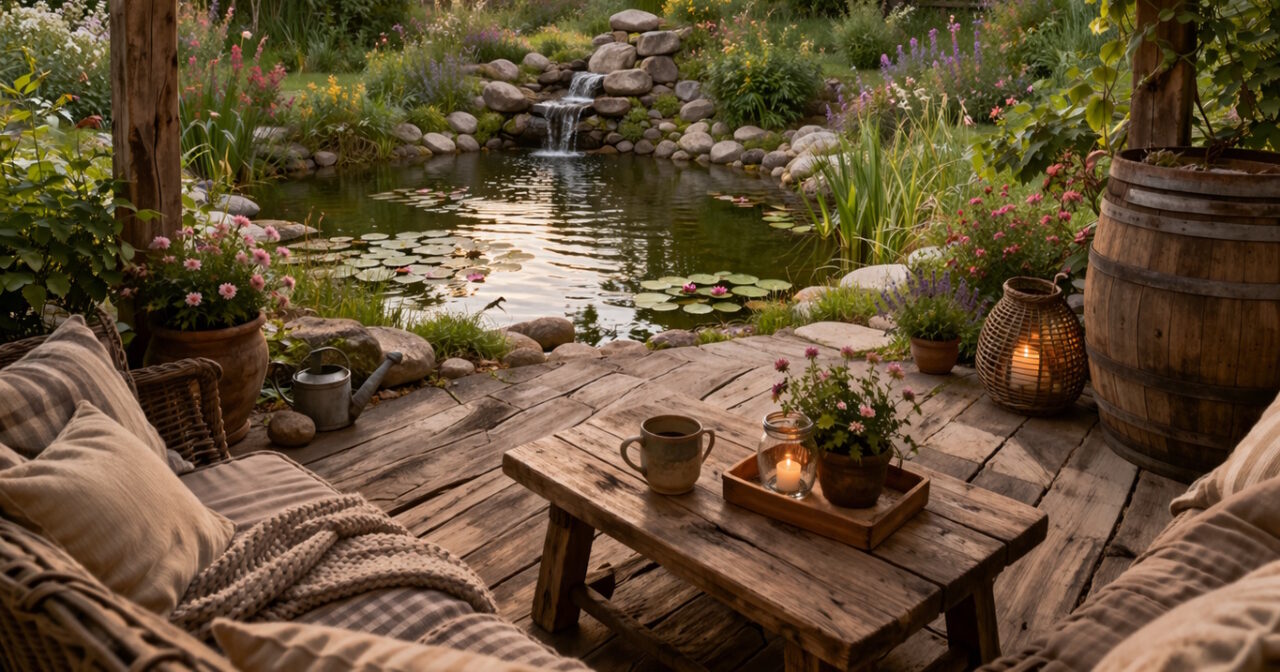 Das Foto zeigt Möbel und Deko auf der Terrasse, der Blick geht auf einen teich