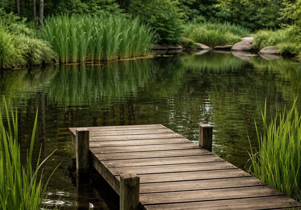 Das Foto zeigt einen Holzsteg am Teich