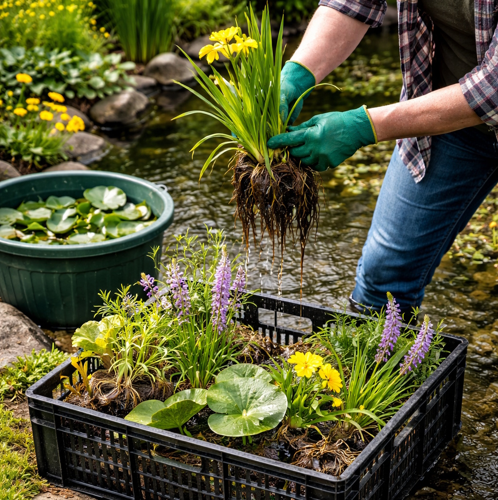 Das Foto zeigt eine Person, die Pflanzen aus einem Teich entnimmt