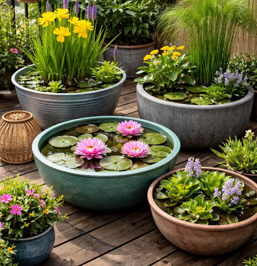 Das Foto zeigt Wasserschalen auf dem Balkon, in denen Pflanzen trapiert sind