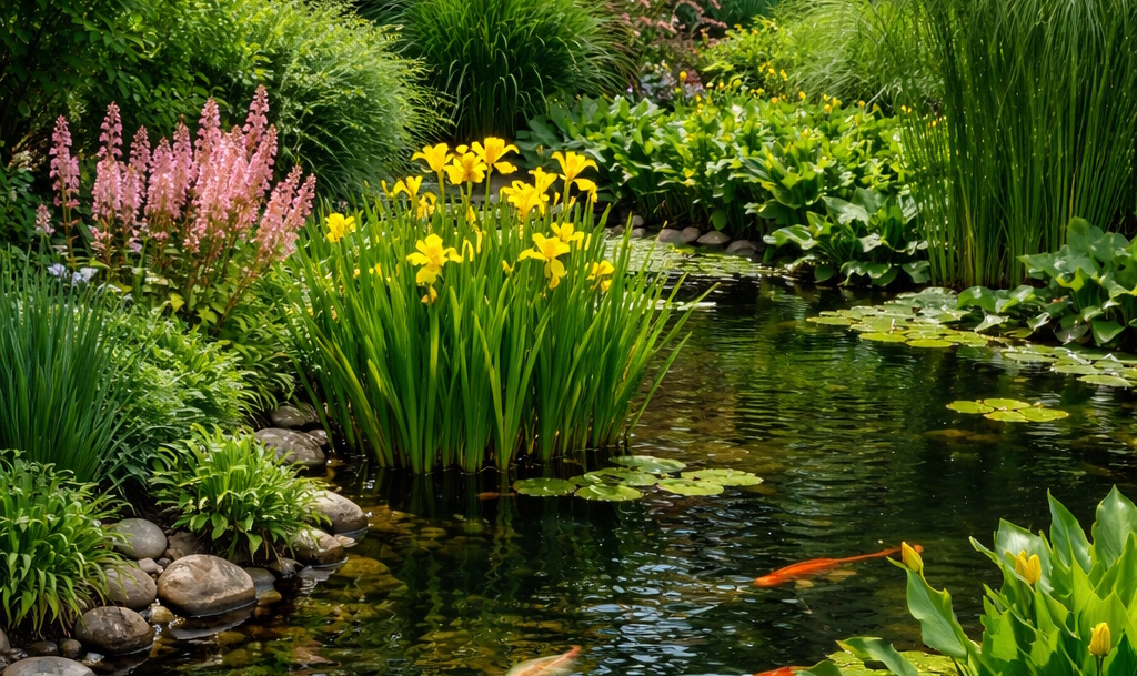 Das Foto zeigt Teichpflanzen im Teich