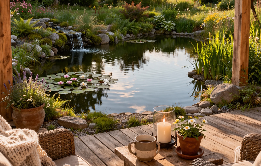 Das Foto zeigt einen Wasserfall im Gartenteich