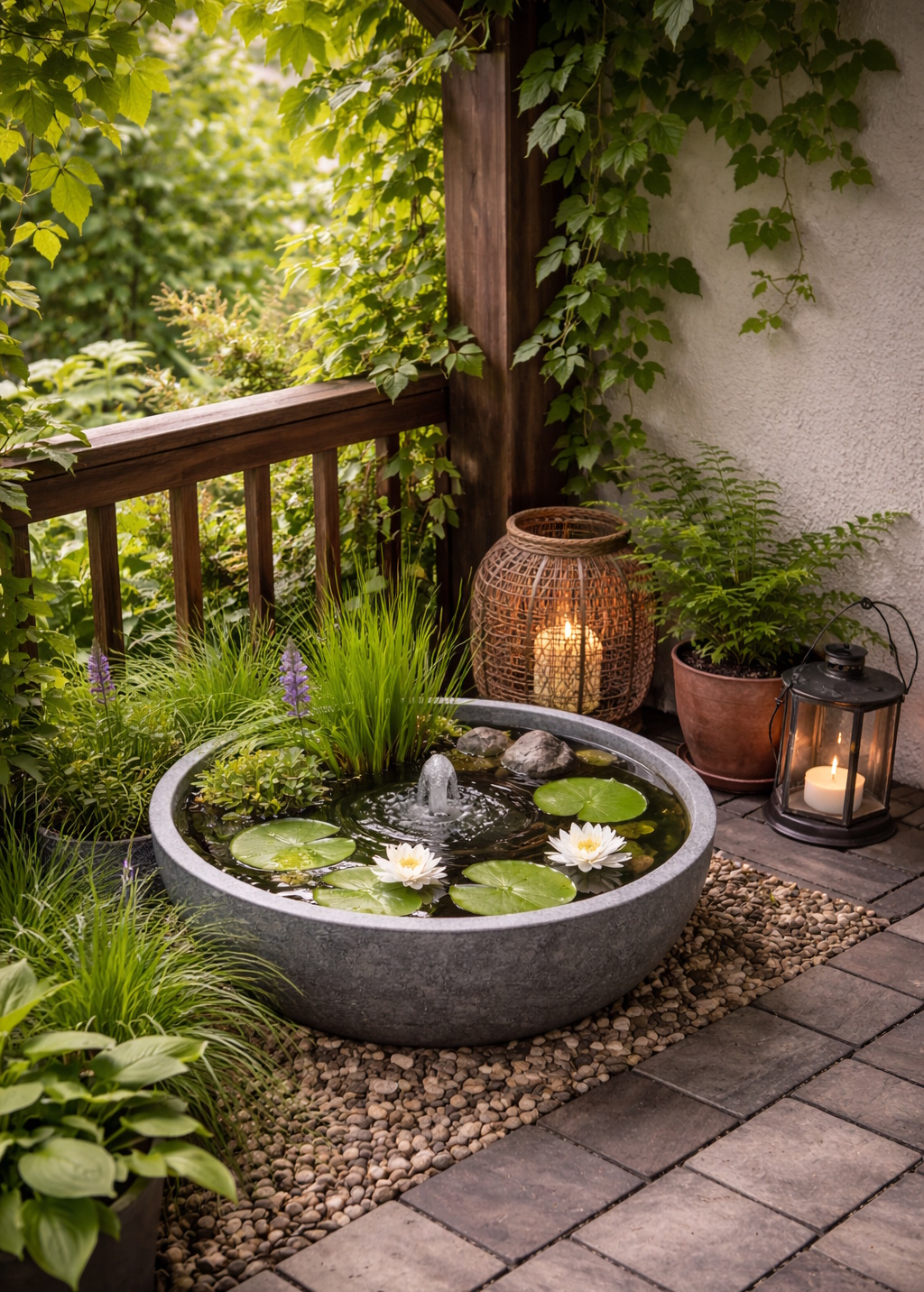 Das Foto zeigt einen Miniteich auf der Terrasse unter einer Pergola