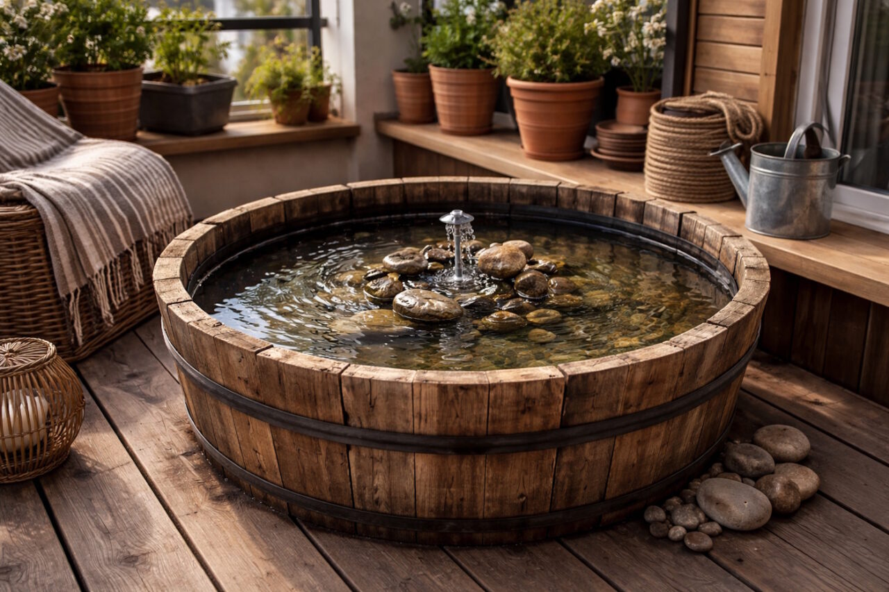 Das Foto zeigt eine Terrasse mit Miniteich