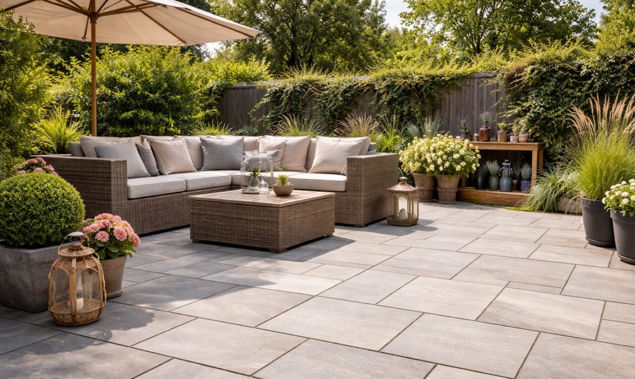 Das Foto zeigt eine Terrasse mit Steinboden