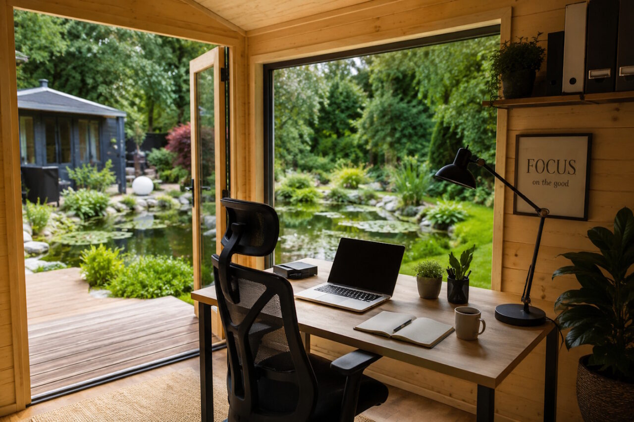 Das Foto zeigt einen Büroplatz im Gartenhaus