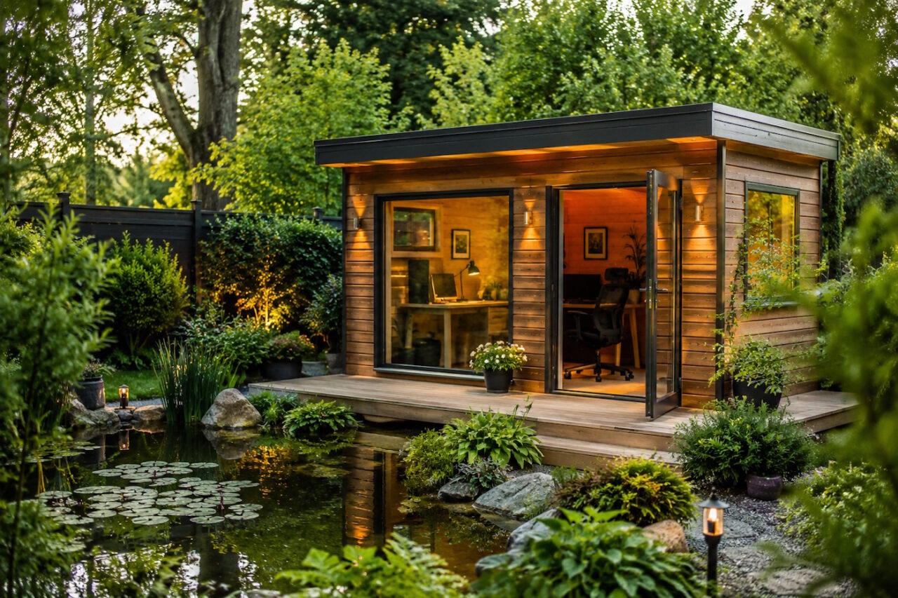 Das Foto zeigt ein Gartenhaus am Teich