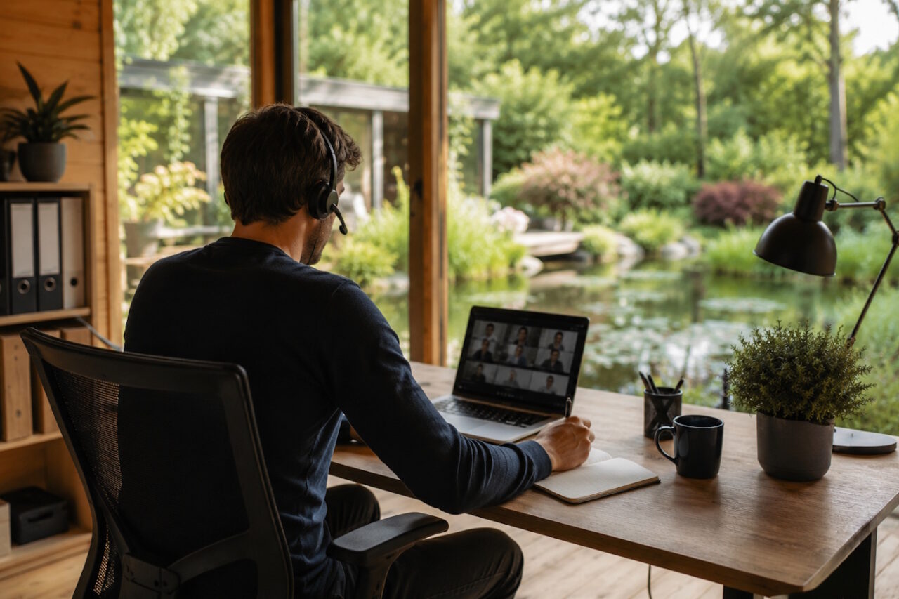 Das Foto zeigt einen Mann im Homeoffice in einem Gartenhaus mit Blick in den Garten
